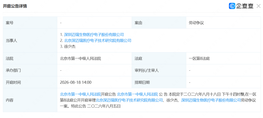 迈瑞医疗，新增1起劳动纠纷！